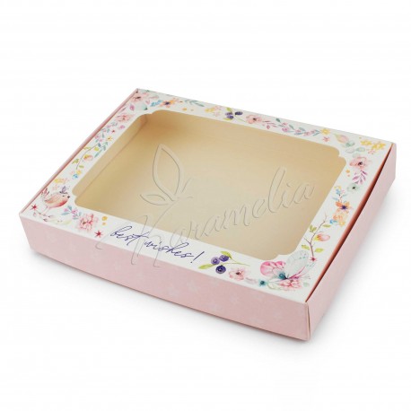 Коробка для пряників з вікном рожева з пташкою 150 * 200 * 30
