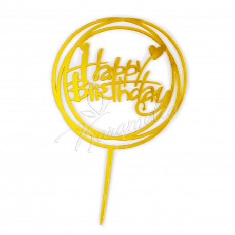 Топер акриловий "Happy birthday" коло, золото