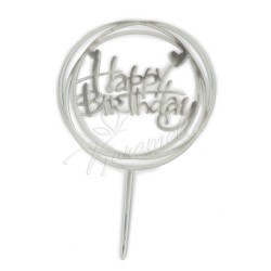 Топер акриловий "Happy birthday" коло, срібло