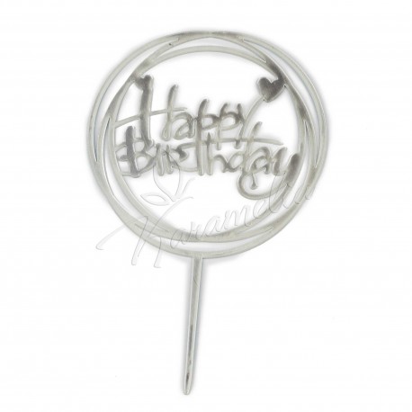 Топер акриловий "Happy birthday" коло, срібло