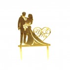 Топер акриловий "Молодята" серце mr&mrs, золото