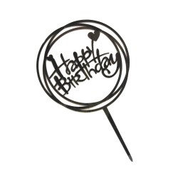 Топер акриловий "Happy birthday" коло два серця, чорний