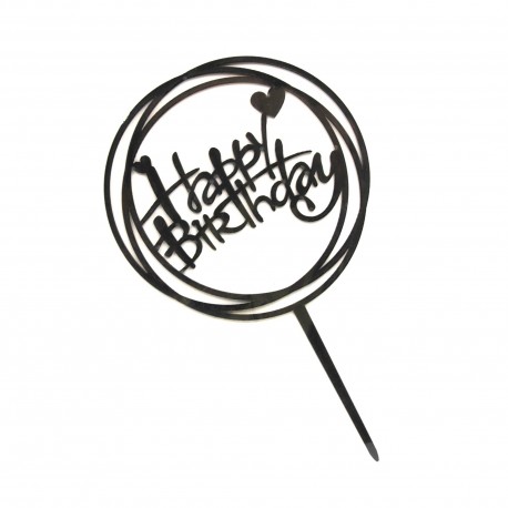 Топер акриловий "Happy birthday" коло два серця, чорний