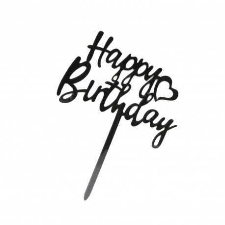 Топер акриловий "Happy Вirthday" серце, чорний