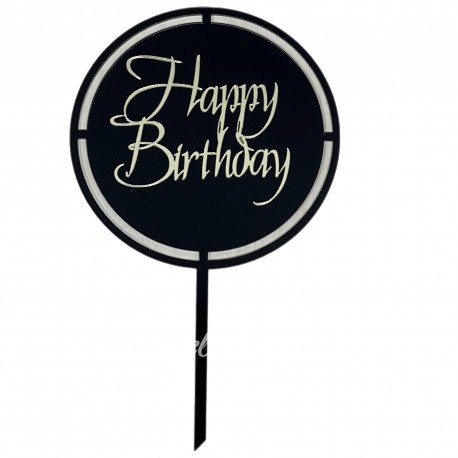 Топер чорний+золото №4 круг з прорізами "Happy Вirthday"