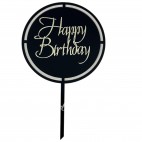 Топер чорний+золото №4 круг з прорізами "Happy Вirthday"
